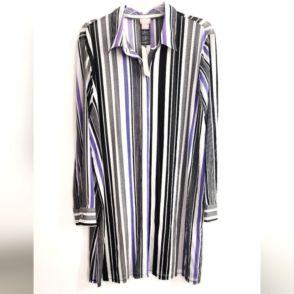 Chico's Travelers Stripe Mesh Shirt Jacket Women's  Purple Striped ButtonUp Sz 4